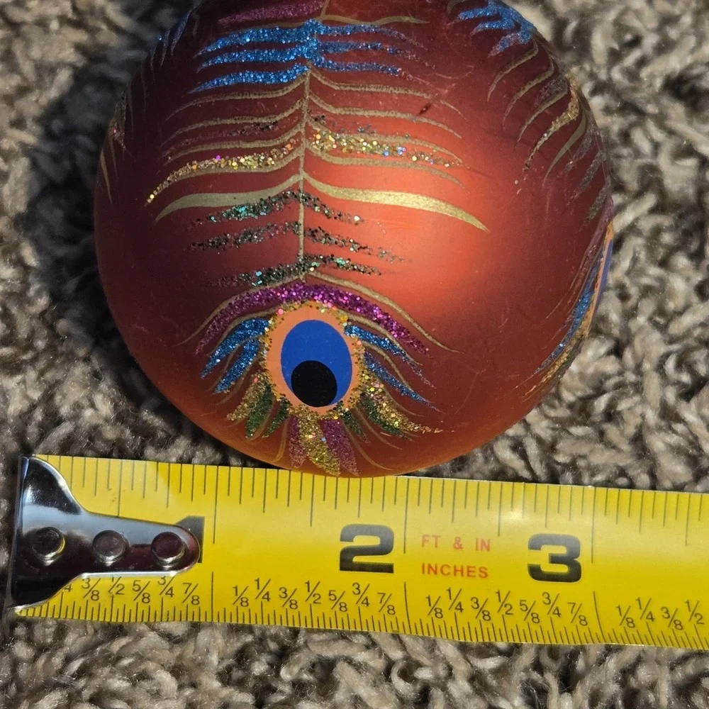 Peacock Feather Glass Ball Christmas Tree Ornament Red Glitter 3